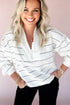 Zip Collar Vertical Stripe Drop Shoulder Long Sleeve Top