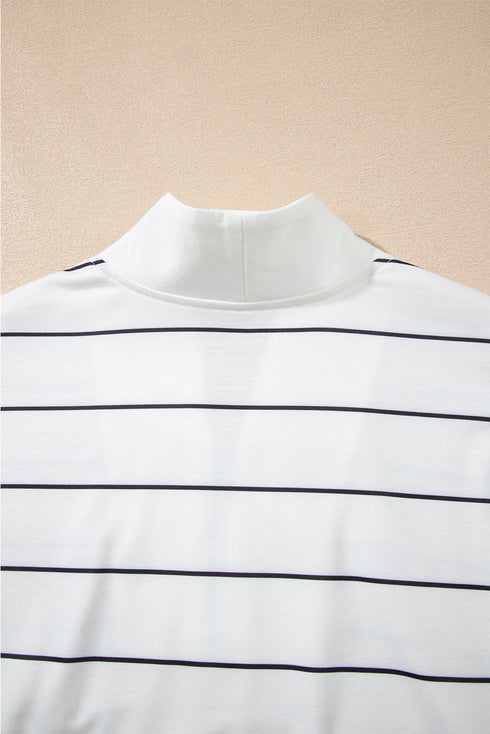Zip Collar Vertical Stripe Drop Shoulder Long Sleeve Top
