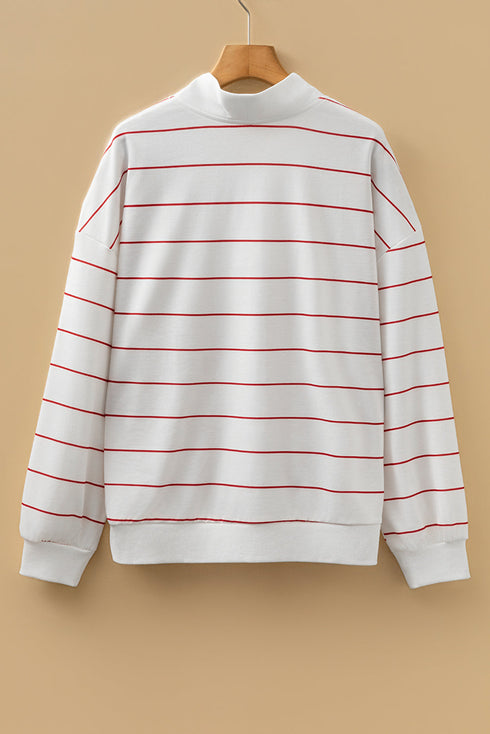 Zip Collar Vertical Stripe Drop Shoulder Long Sleeve Top
