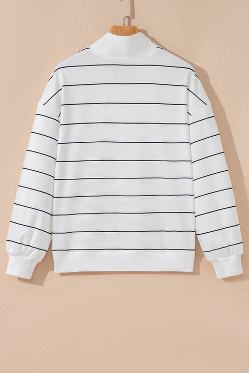Zip Collar Vertical Stripe Drop Shoulder Long Sleeve Top