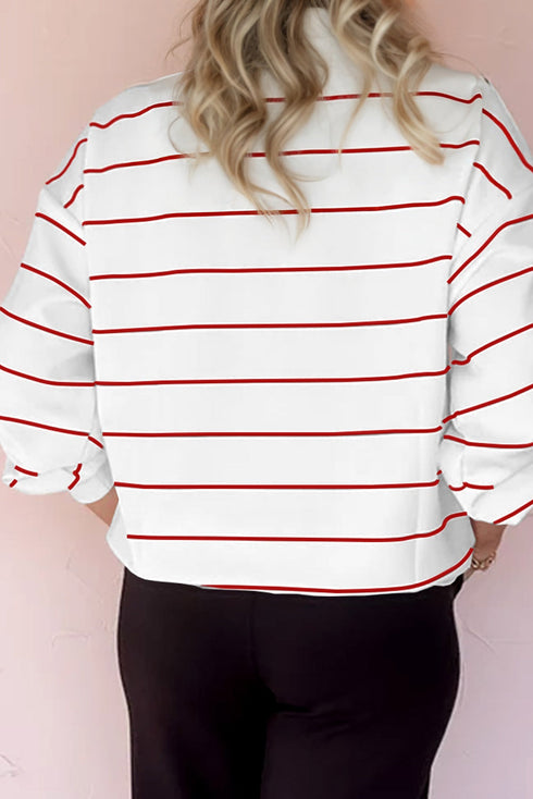 Zip Collar Vertical Stripe Drop Shoulder Long Sleeve Top