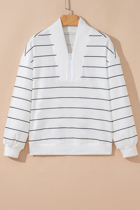 Zip Collar Vertical Stripe Drop Shoulder Long Sleeve Top