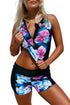Zip Front Floral Print Boy Short Tankini Set