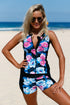 Zip Front Floral Print Boy Short Tankini Set