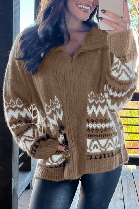 Zip Front Geometric Pattern Collared Knit Cardigan