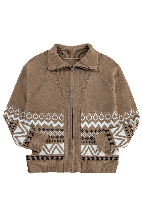 Zip Front Geometric Pattern Collared Knit Cardigan