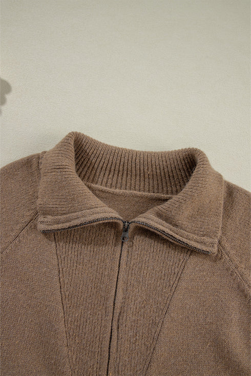 Zip Front Geometric Pattern Collared Knit Cardigan