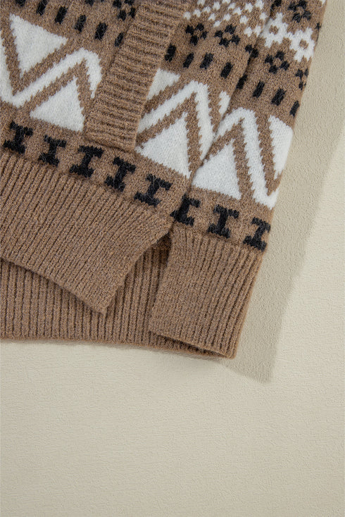 Zip Front Geometric Pattern Collared Knit Cardigan