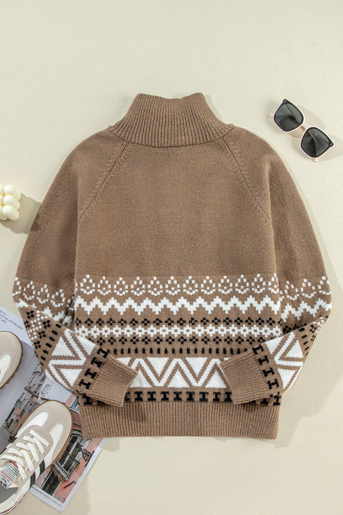 Zip Front Geometric Pattern Collared Knit Cardigan