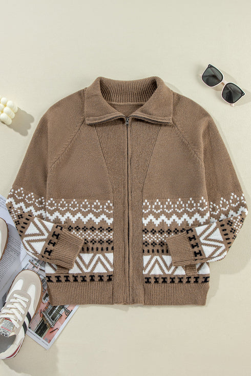 Zip Front Geometric Pattern Collared Knit Cardigan