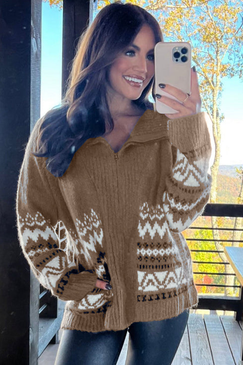 Zip Front Geometric Pattern Collared Knit Cardigan