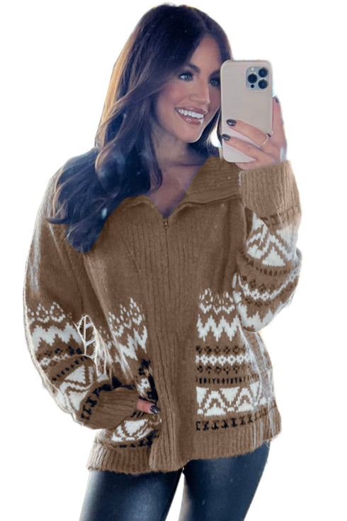 Zip Front Geometric Pattern Collared Knit Cardigan
