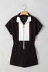 Zip Front Short Sleeve Colorblock Romper with Contrast Collar
