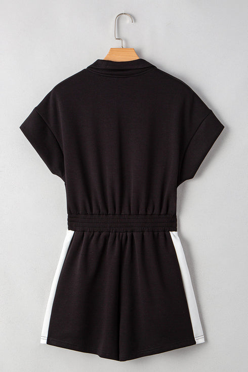 Zip Front Short Sleeve Colorblock Romper with Contrast Collar