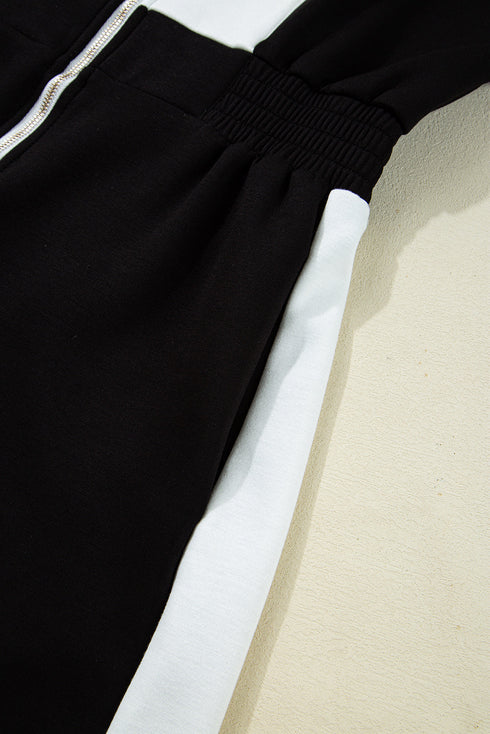 Zip Front Short Sleeve Colorblock Romper with Contrast Collar