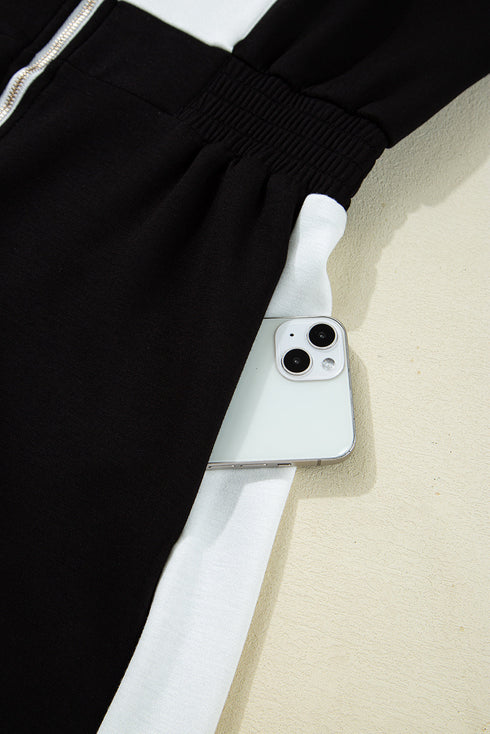 Zip Front Short Sleeve Colorblock Romper with Contrast Collar