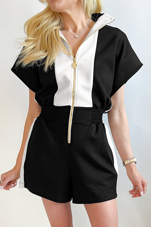 Zip Front Short Sleeve Colorblock Romper with Contrast Collar