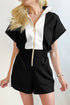 Zip Front Short Sleeve Colorblock Romper with Contrast Collar