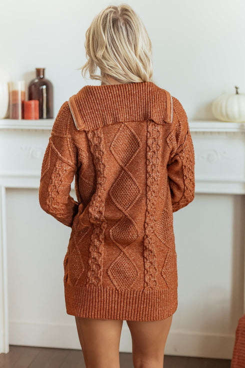 Zip Up Cable Knit Drop Shoulder Sweater Dress