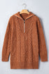 Zip Up Cable Knit Drop Shoulder Sweater Dress