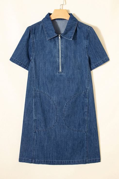 Zip Up Collared Short Sleeve Western Denim Mini Dress