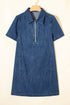 Zip Up Collared Short Sleeve Western Denim Mini Dress