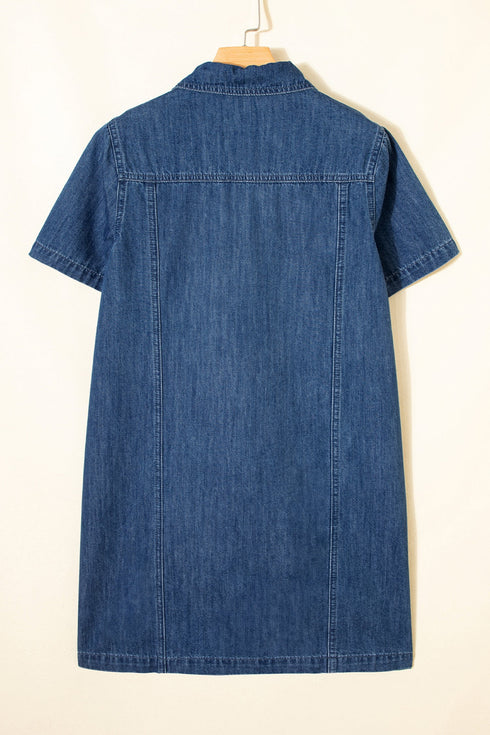 Zip Up Collared Short Sleeve Western Denim Mini Dress