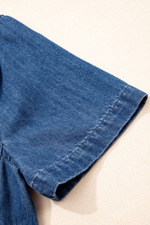 Zip Up Collared Short Sleeve Western Denim Mini Dress