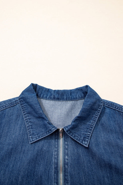 Zip Up Collared Short Sleeve Western Denim Mini Dress