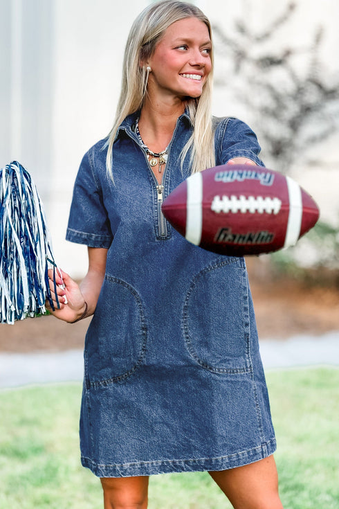 Zip Up Collared Short Sleeve Western Denim Mini Dress