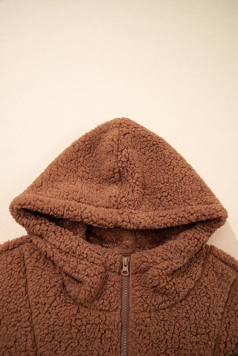 Zip Up Hooded Sherpa Plush Pocket Jacket