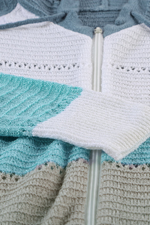 Zipped Front Colorblock Hollow-Out Knit Hoodie