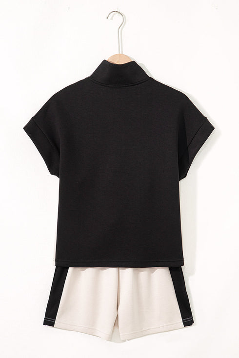 Zipped Stand Collar Detailed Trim T Shirt Short Set