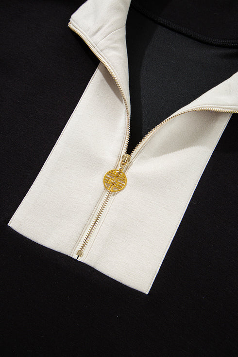 Zipped Stand Collar Detailed Trim T Shirt Short Set