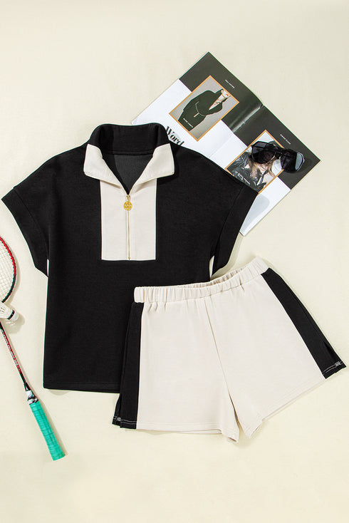 Zipped Stand Collar Detailed Trim T Shirt Short Set