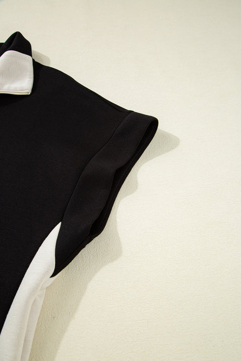 Zipped Stand Collar Detailed Trim T Shirt Short Set