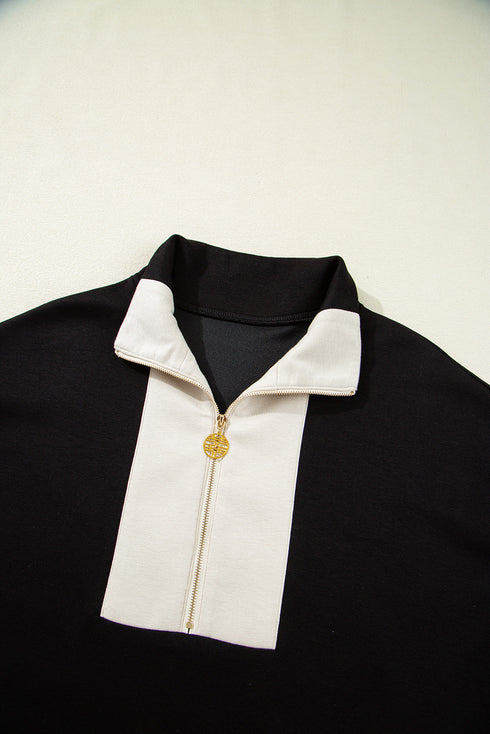 Zipped Stand Collar Detailed Trim T Shirt Short Set