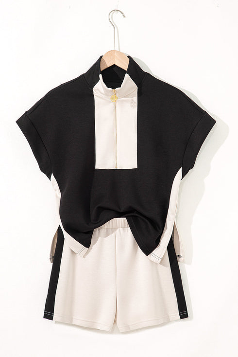 Zipped Stand Collar Detailed Trim T Shirt Short Set