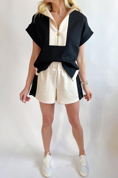 Zipped Stand Collar Detailed Trim T Shirt Short Set