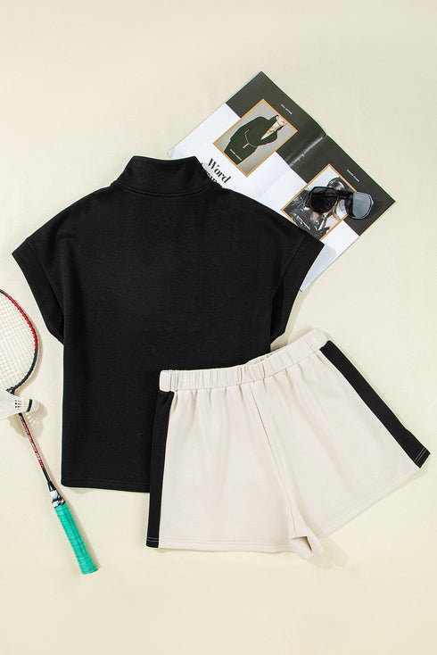 Zipped Stand Collar Detailed Trim T Shirt Short Set