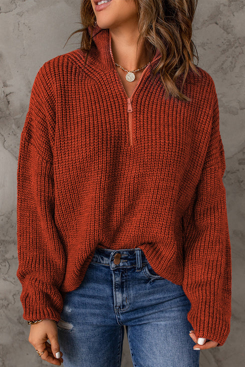 Zipped Turtleneck Drop Shoulder Knit Sweater
