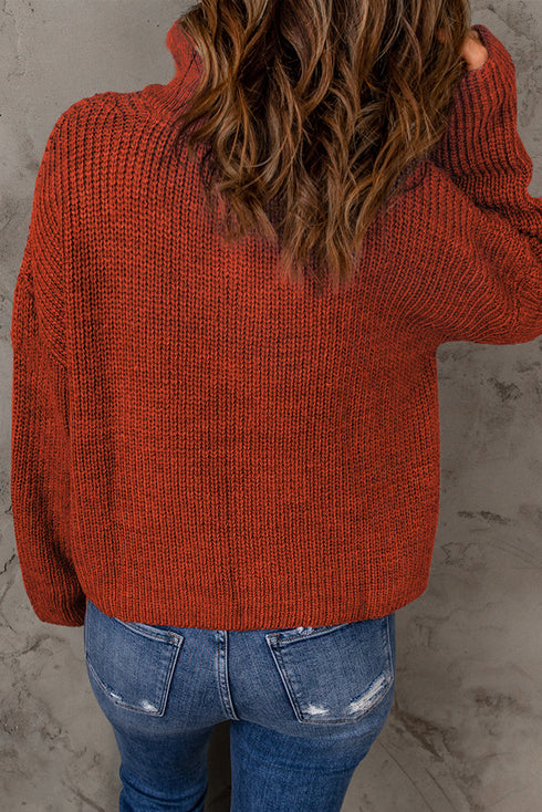 Zipped Turtleneck Drop Shoulder Knit Sweater