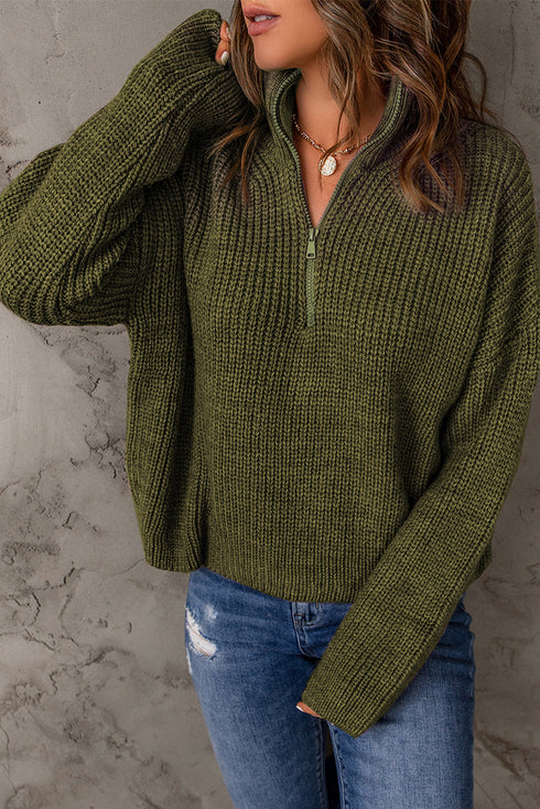Zipped Turtleneck Drop Shoulder Knit Sweater