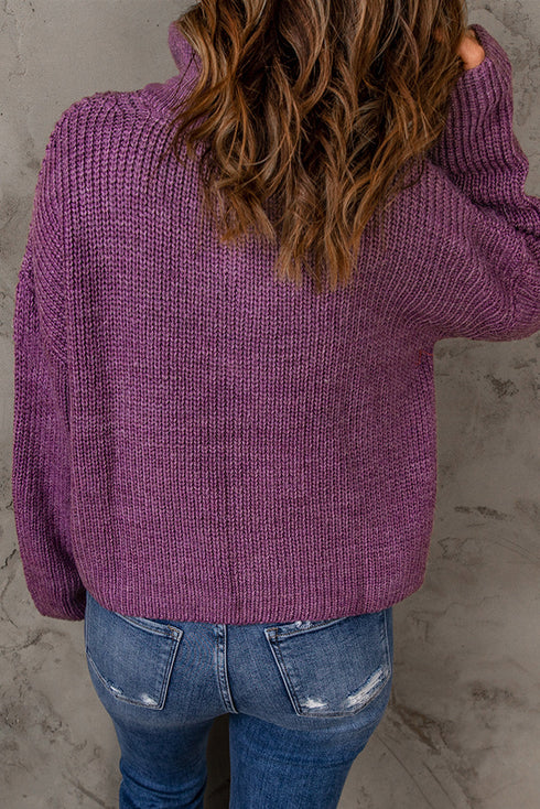Zipped Turtleneck Drop Shoulder Knit Sweater