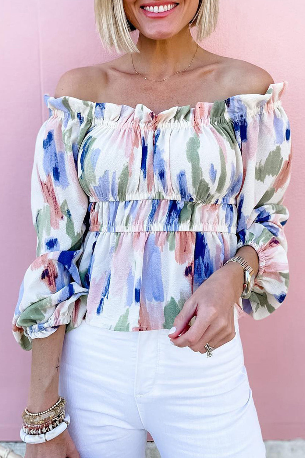 Off the shoulder bubble sleeve online top