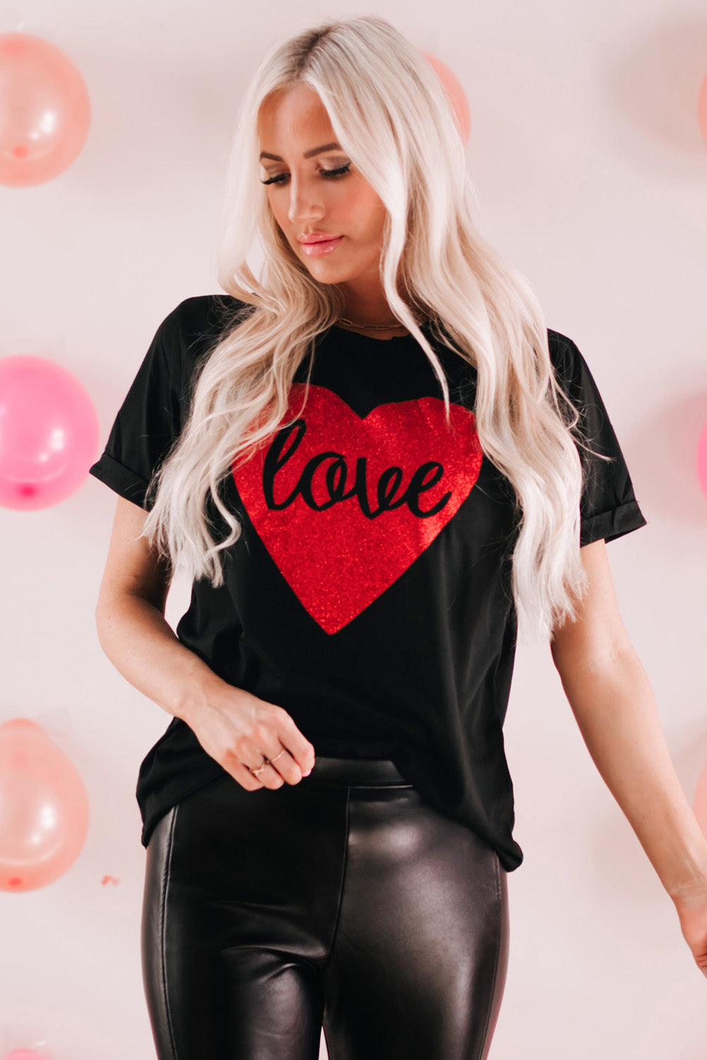 Pink Heart Shaped Glitter Print Short Sleeve Graphic T-Shirt