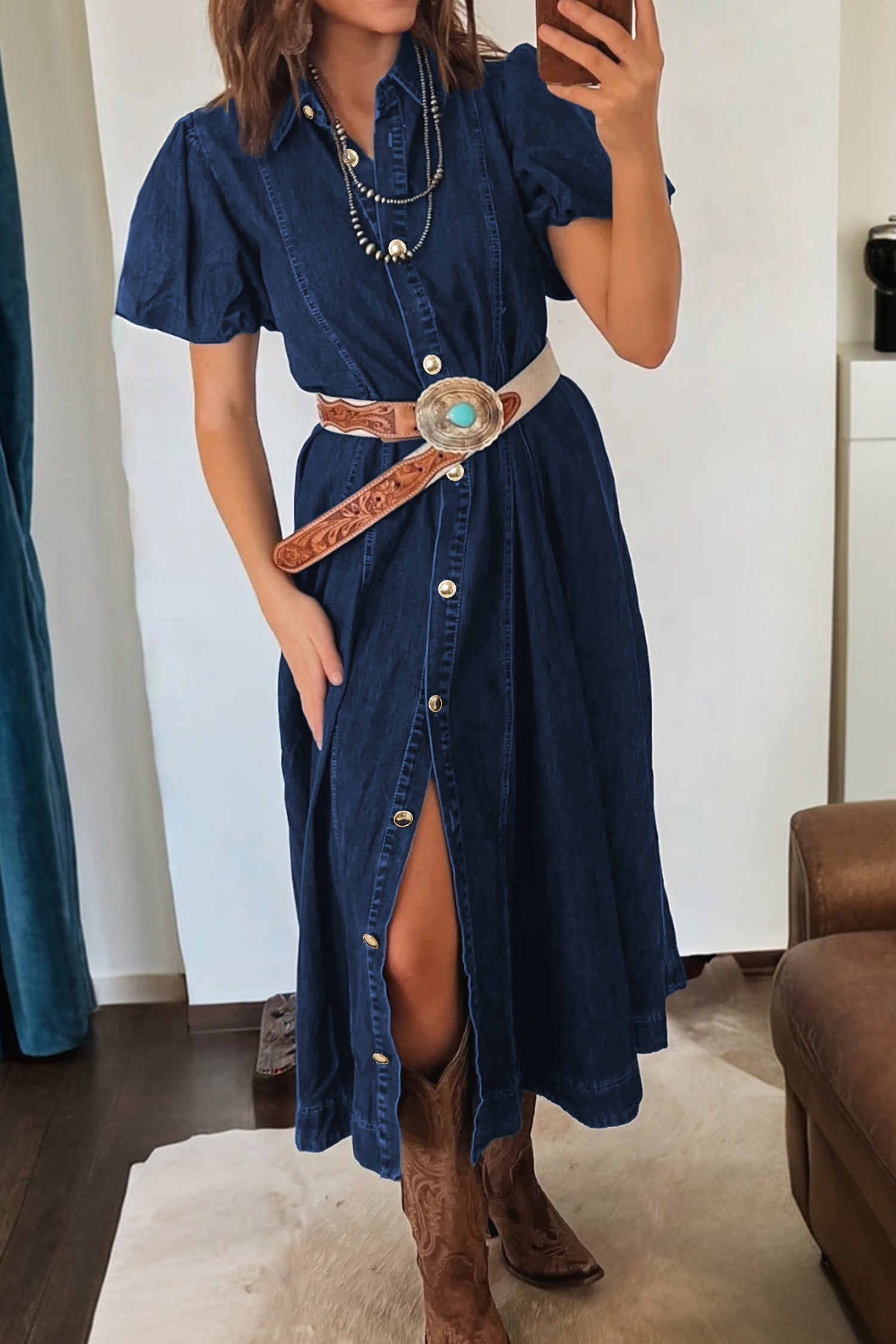 western denim midi dress " Country Girl " Embroidered Denim Midi Dress ( Blue )