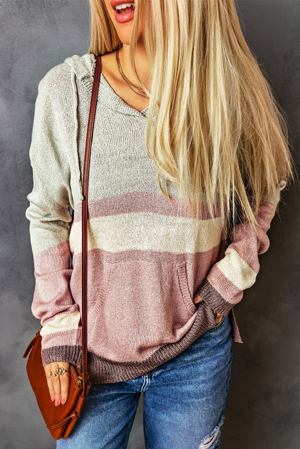 Sunny Angela Hooded Color Kangaroo - Knit Pocket Block Sweater
