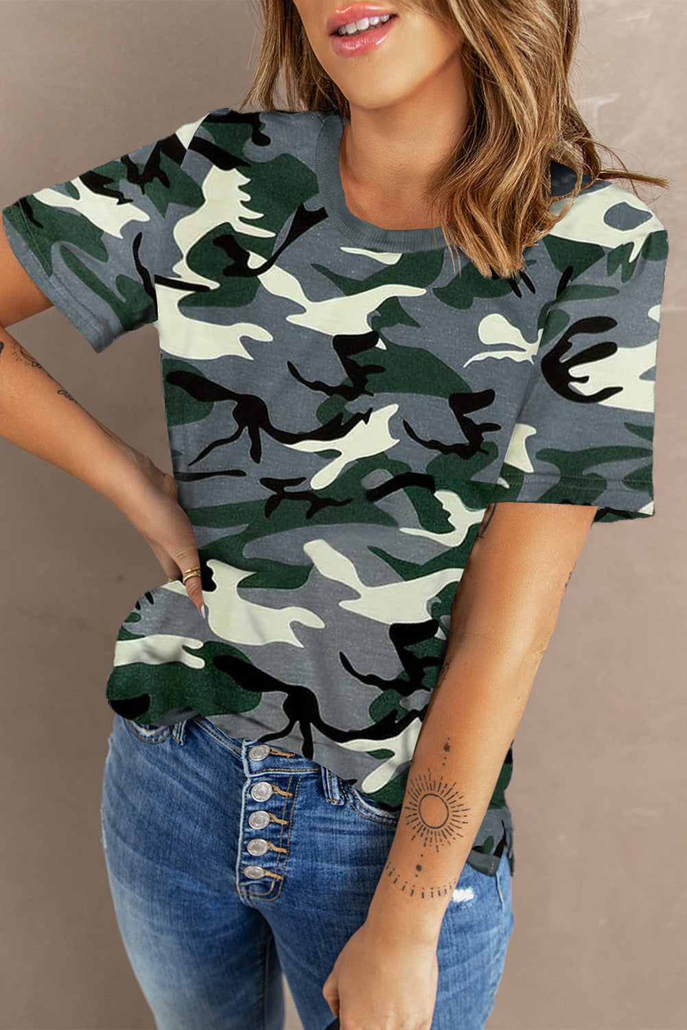 Women's Crew Neck Camo Side Split T-shirt