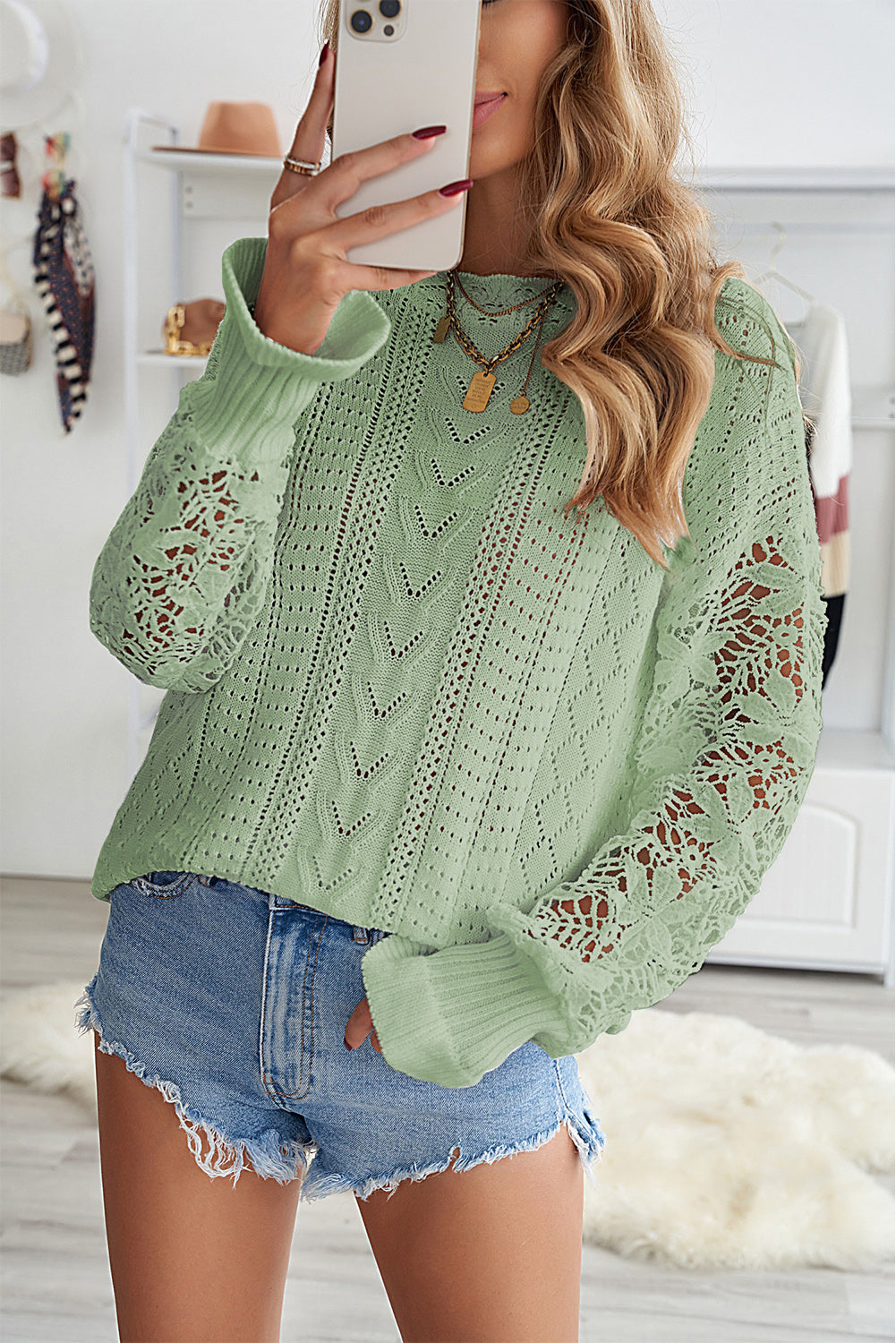 Women's Elegant White Solid Color Pointelle Knit Puff Sleeve Sweater